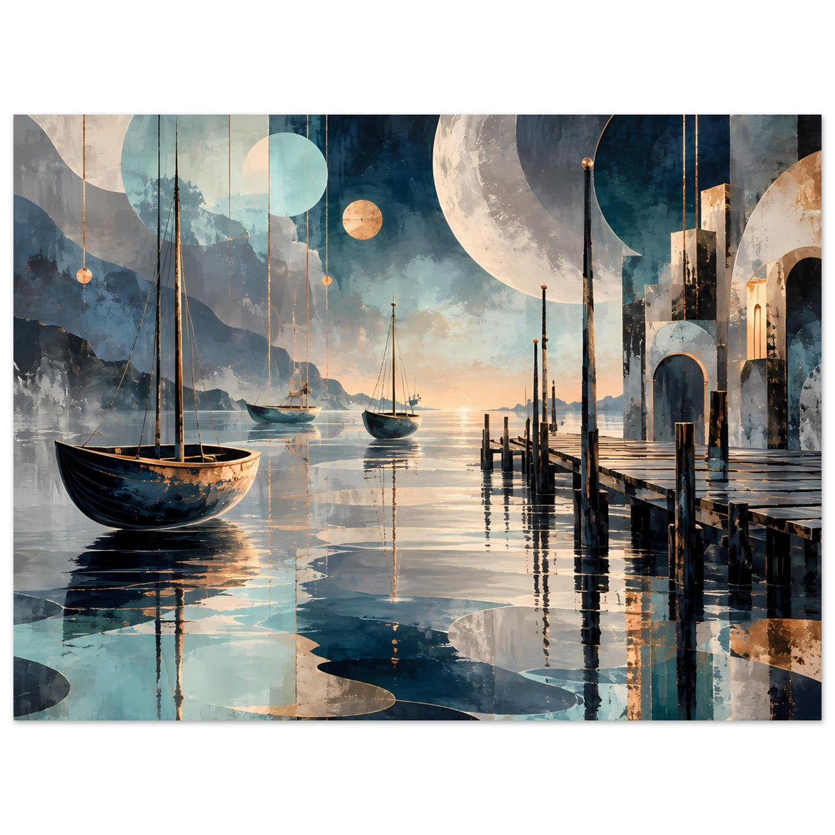 Horizontales Wandbild mit Mond, Segelbooten und Stegpfählen, Reflexionen auf ruhigem Wasser