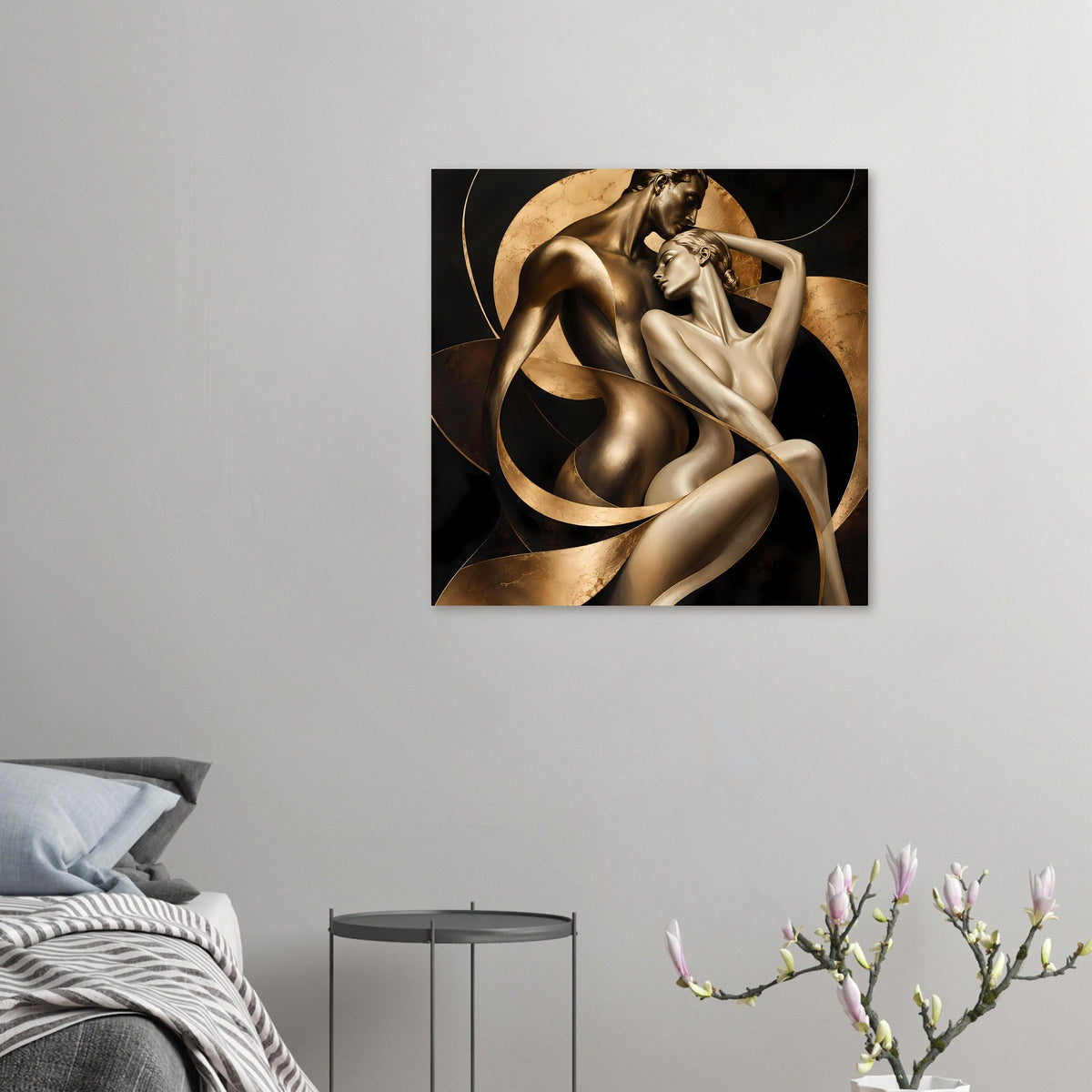 Kunstposter im Kleinformat: goldene Bronzefiguren, zwei Akte mit geschwungenen Linien, schwarzer Rahmen