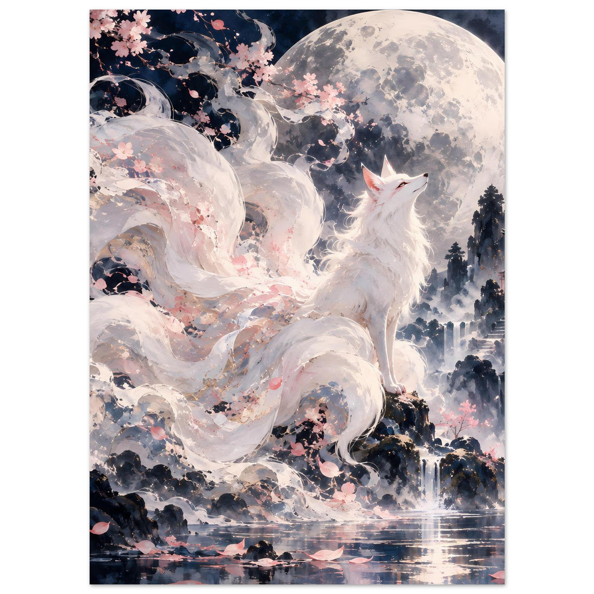 Fantasy-Poster: weißer Fuchs im Mondlicht mit Kirschblüten und dunkler Hügellandschaft