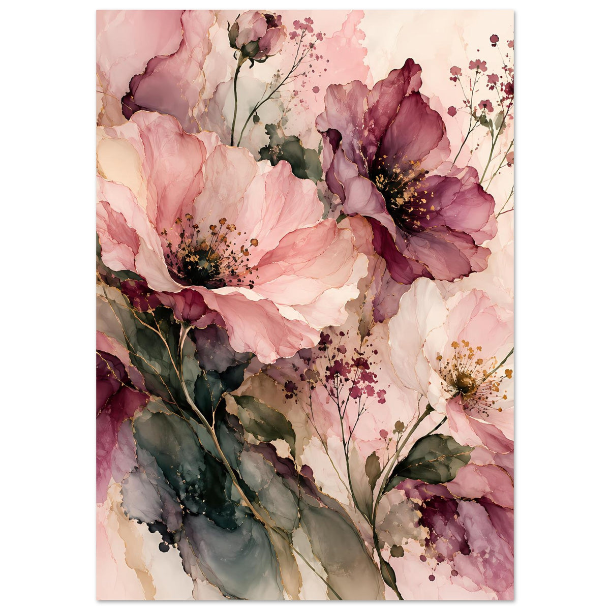 Blumenposter, hochformatig: große rosa Blüten, burgunderfarbene Blütenköpfe und Zweige