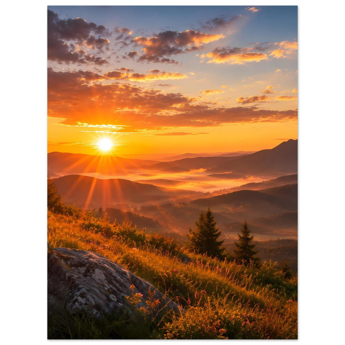 Landschaftsposter mit Sonnenuntergang über Bergwelt, Wiese und Tannen im Vordergrund
