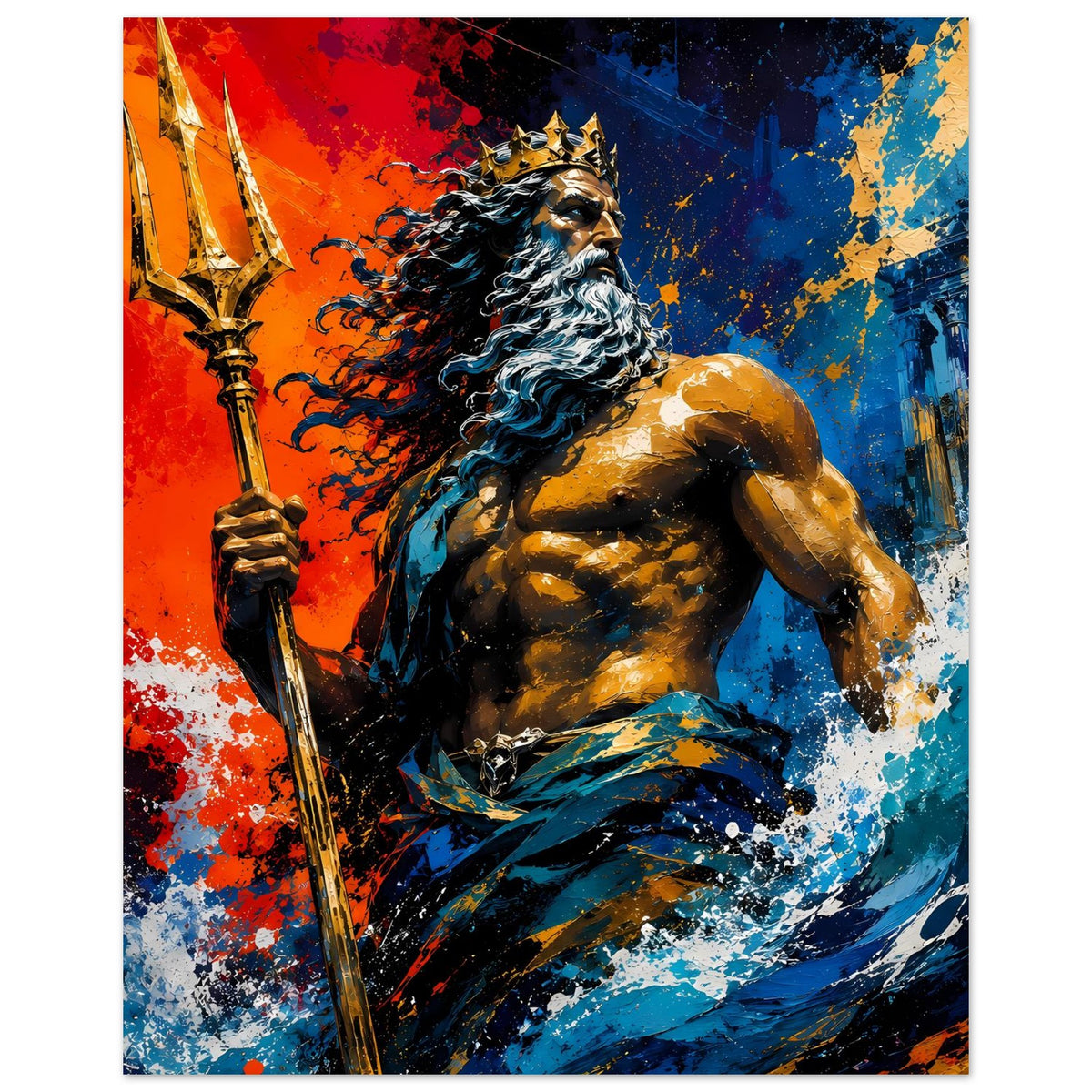 Hochformat-Poster: Poseidon-ähnlicher, bärtiger Gott mit Dreizack und Krone, Rot-Blau-Farbspritzer