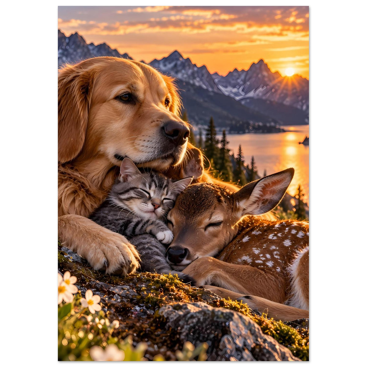 Tierliebe-Poster: goldener Hund mit ruhiger Katze auf dem Rücken, Rehkalb daneben