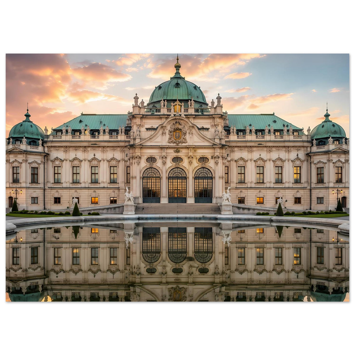 Schloss-Poster mit Palastfassade, grüner Kuppel und Wasserspiegelung bei Sonnenuntergang