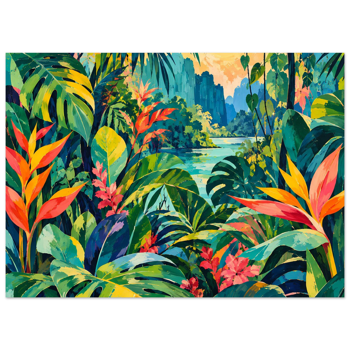 Horizontales Tropenposter: bunte Palmenblätter, Fluss und Sonnenhimmel auf mattem Papier