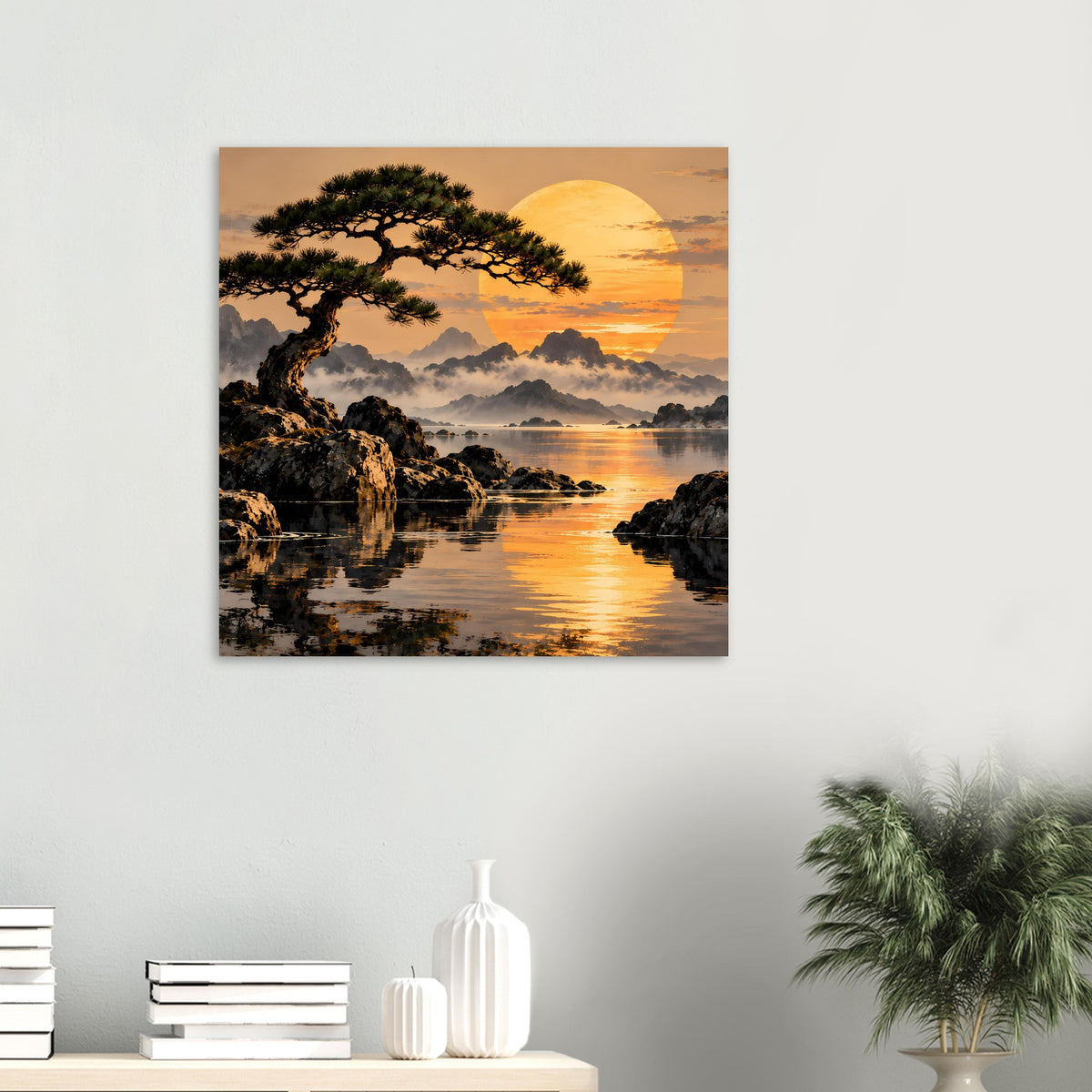 Kleines gerahmtes Landschafts-Poster mit See, Felsen, Baum und orangefarbenem Sonnenkreis