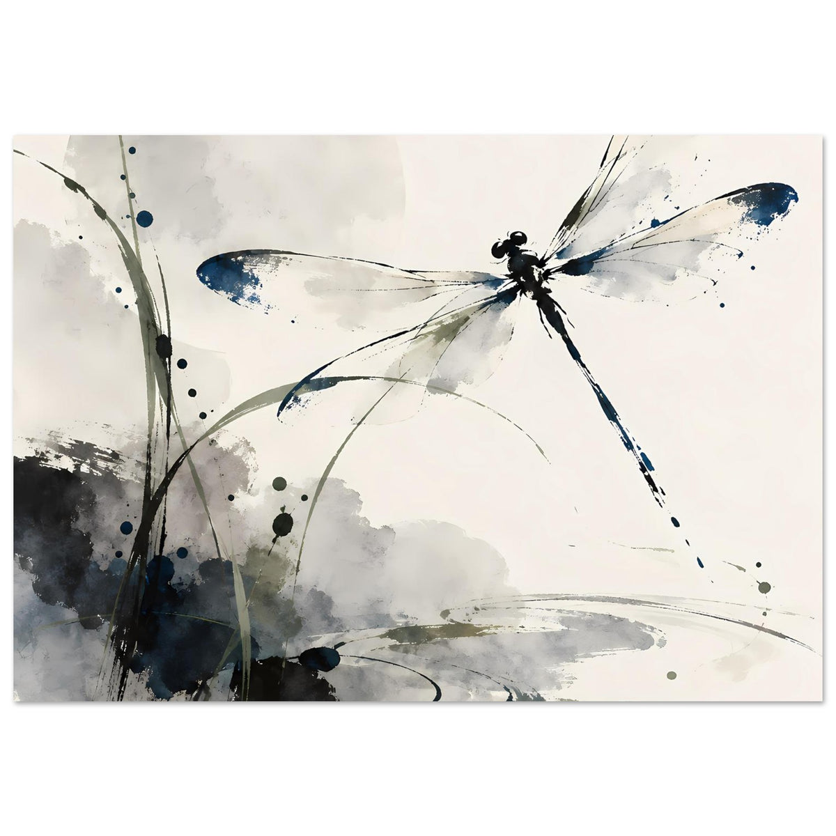Aquarell-Poster mit Libelle in Blau, graue Farbflächen und schwarze Tintenpunkte, großflächiger Farbverlauf