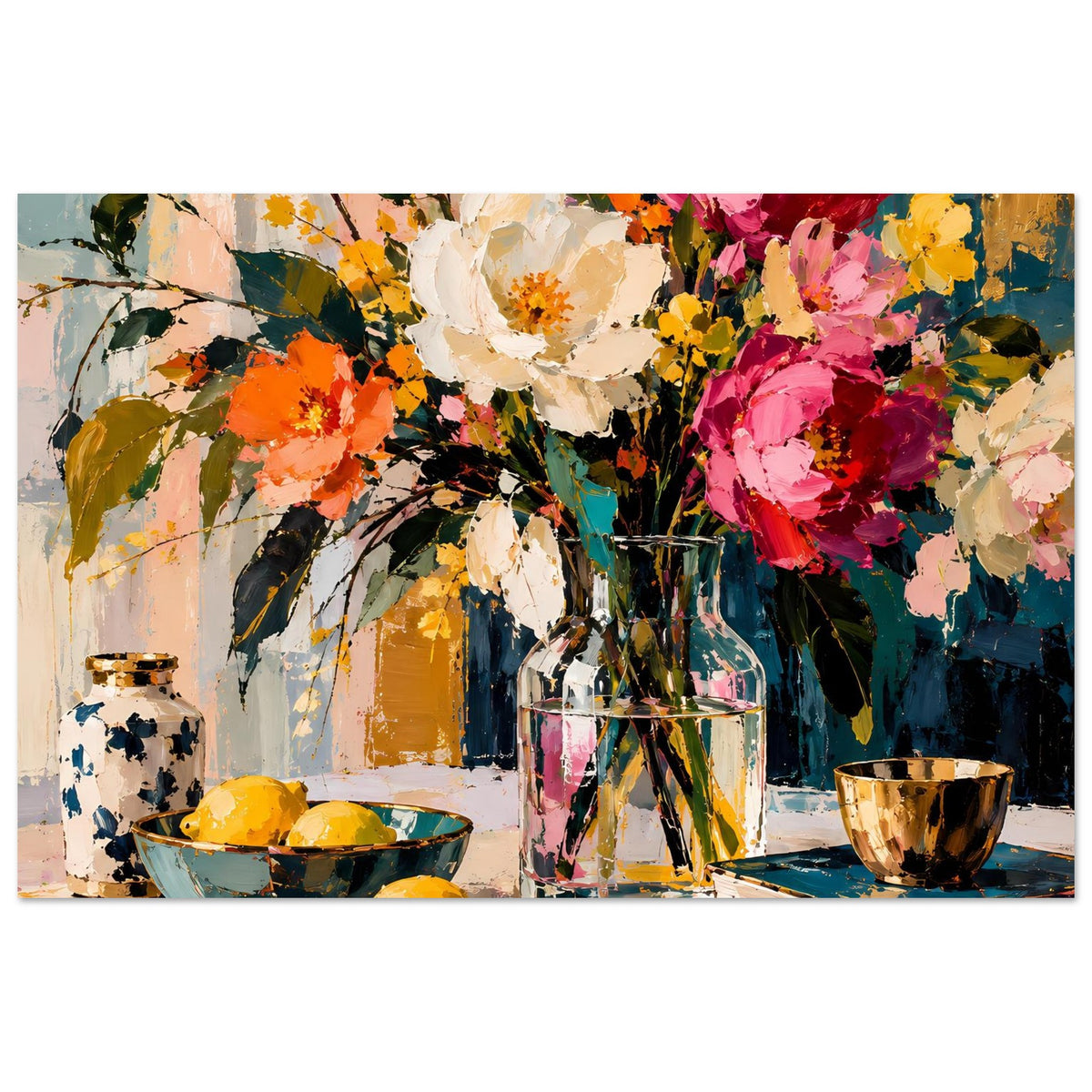 Blumenstillleben-Poster mit buntem Strauß, Glasvase und goldener Tasse auf hellem Tisch