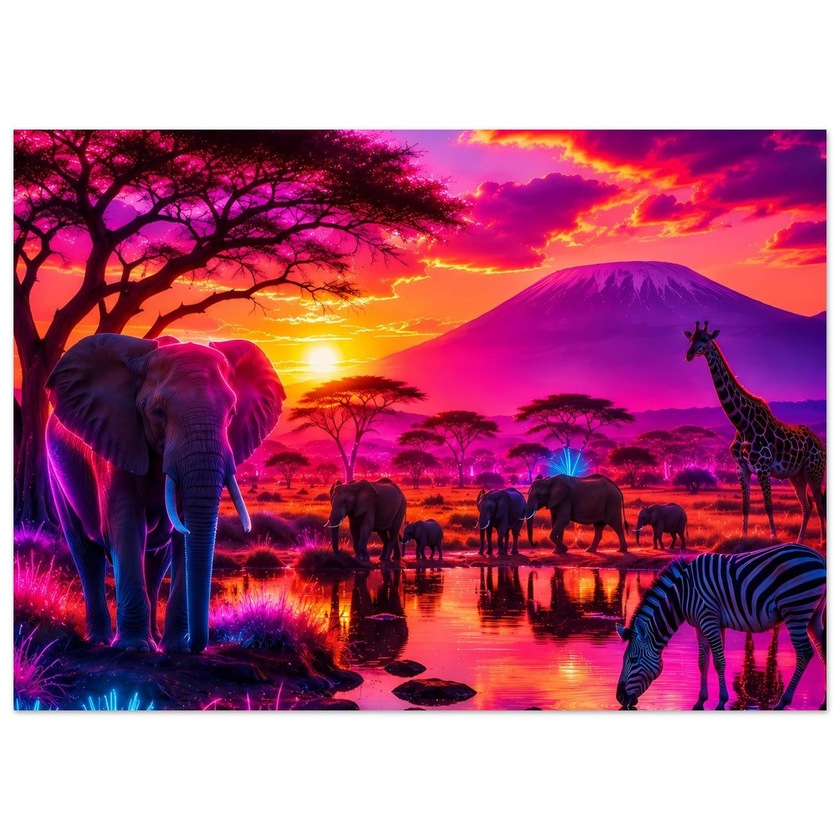 Wildlife-Poster mit Elefant links, Giraffe rechts, Zebra unten rechts und Sonnenuntergang
