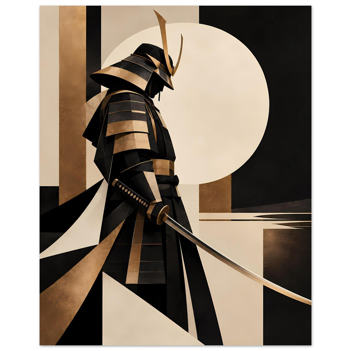 Samurai-Silhouetten-Kunstdruck mit Schwert, goldenen Bändern und großem beigen Kreis
