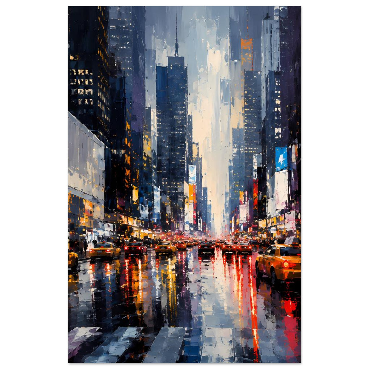 Kleines Vertikal-Poster: regennasse Innenstadtstraße mit orange Taxis und spiegelndem Licht