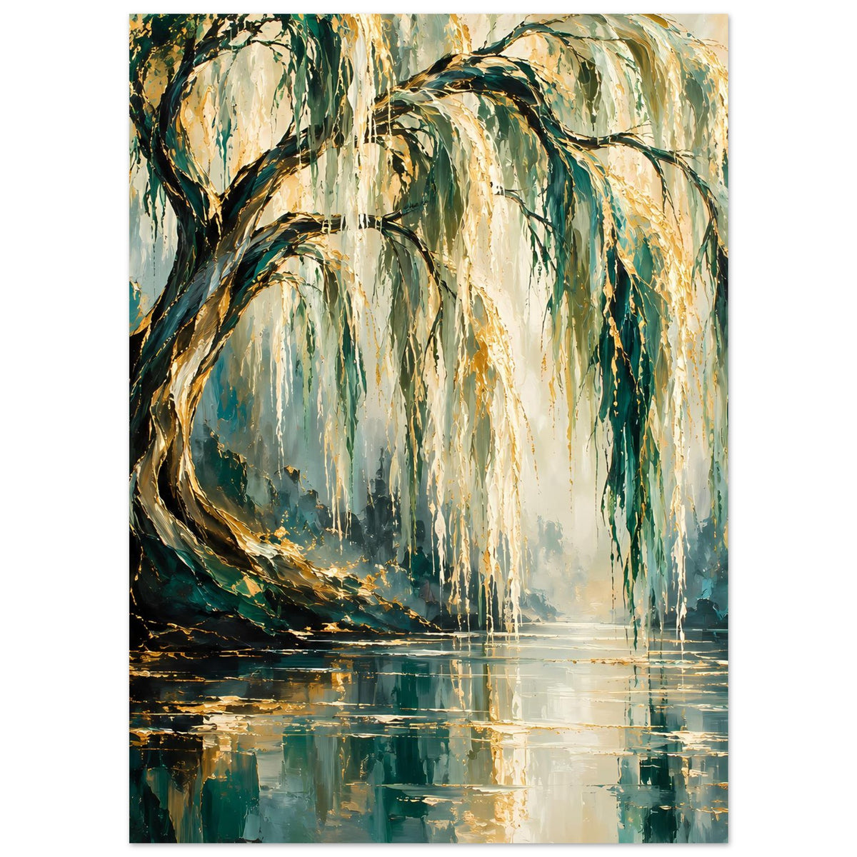 Poster mit Weidenbaum-Motiv in Grün und Gold, weiche Äste und spiegelnde Wasseroberfläche.