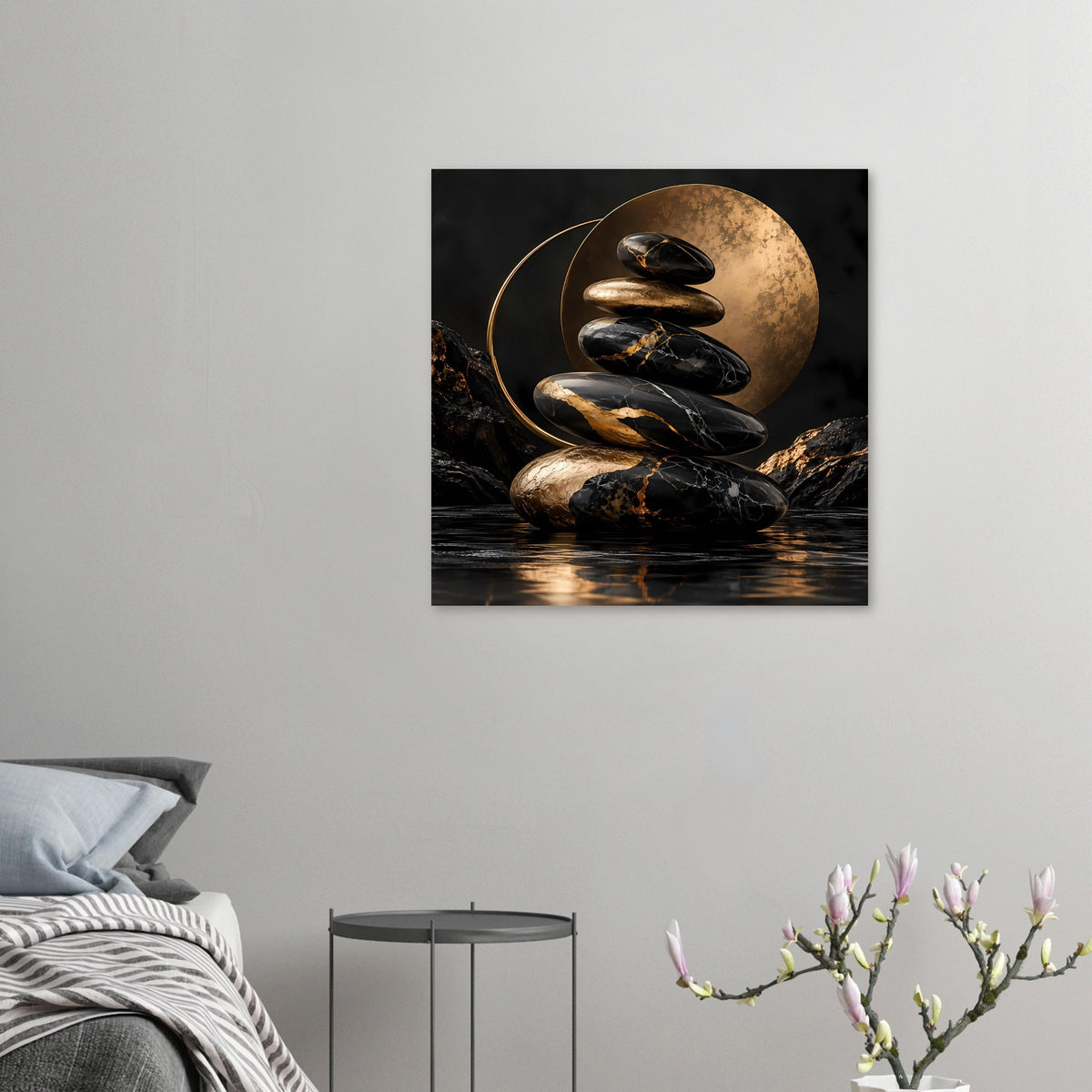 Wandposter: Zen-Steine auf dunkler Marmorbasis, goldener Kreis im Hintergrund
