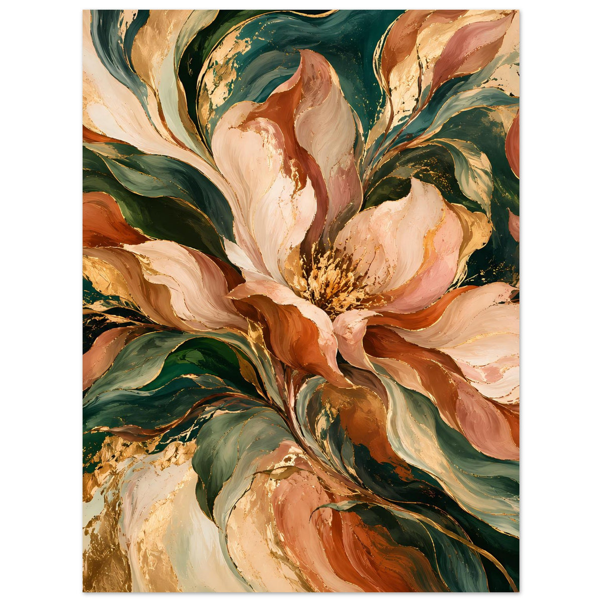Blumenposter mit Pfingstrosenbouquet in Creme, Grün und Terrakottafarben