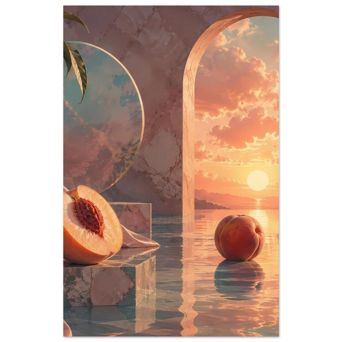 Poster mit Pfirsichstillleben: halbierter Pfirsich, Bögen und Sonnenuntergangs-Szene am Wasser
