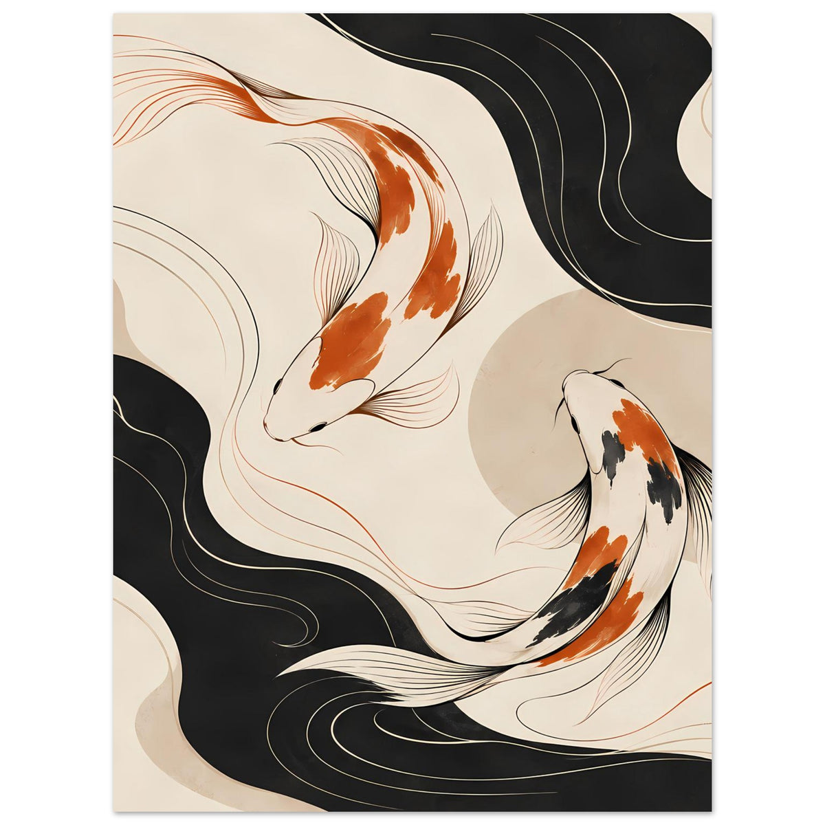 Koi-Fisch-Poster im Hochformat: zwei Fische mit orangefarbenen Flossen, schwarze Wellenlinien