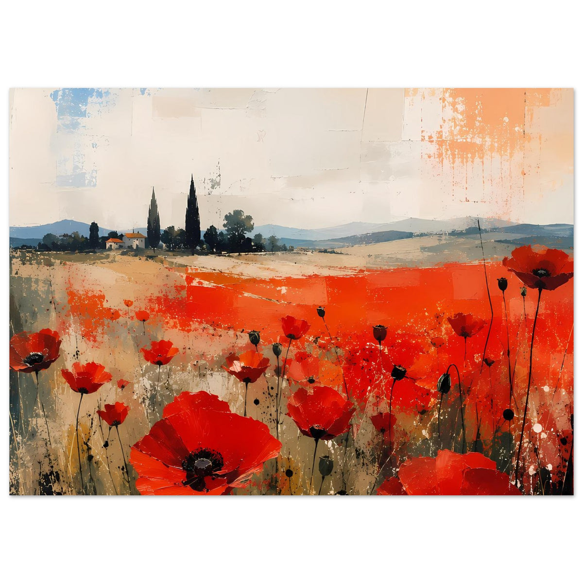 Poster mit roten Mohnblumen in abstrakter Landschaft, weiße Tupfer und rote Flächen