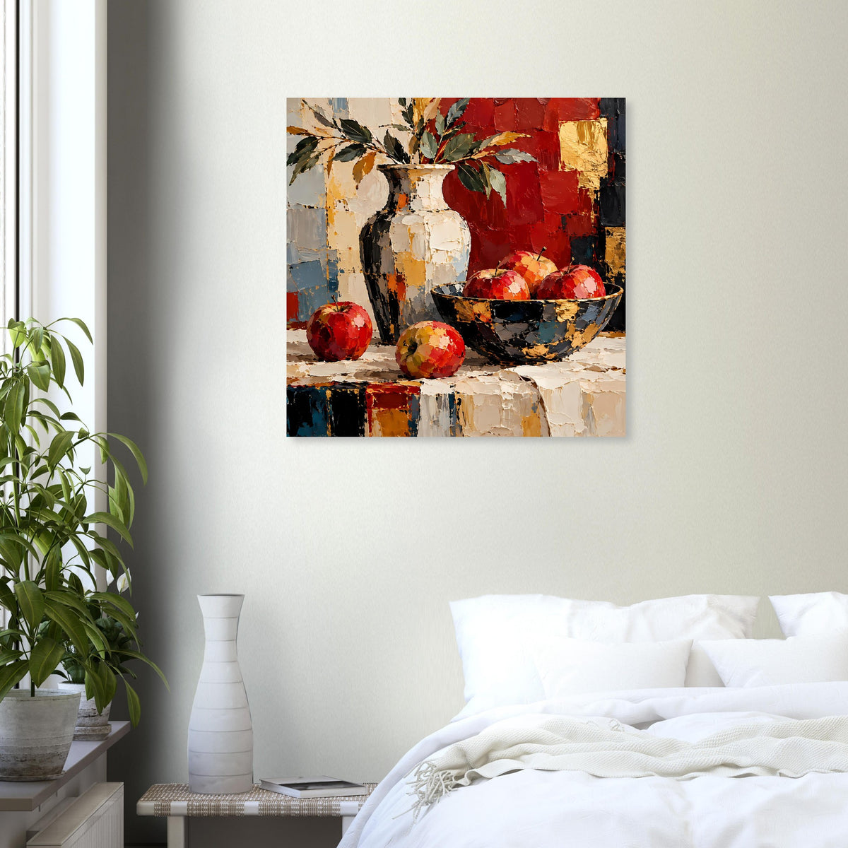 Gerahmtes Kunstposter mit Stillleben-Vase, rotem Obst und gemusterter Schale, abstrakte Pinselstruktur
