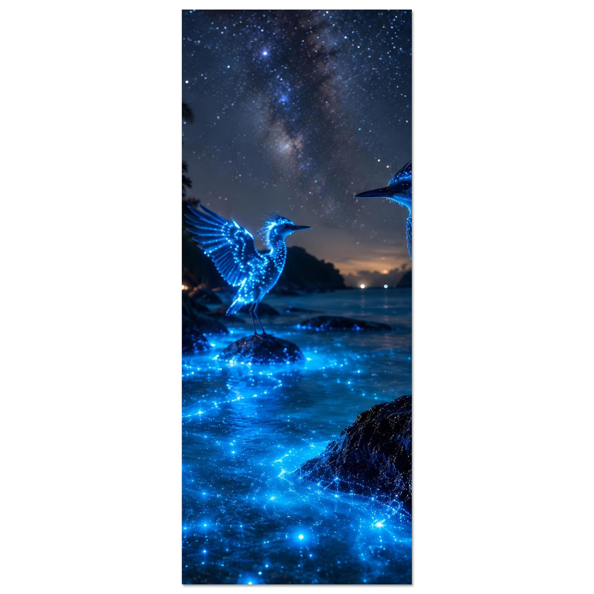 Poster im Hochformat: leuchtender blauer Nachtvogel vor sternenreichem Himmel