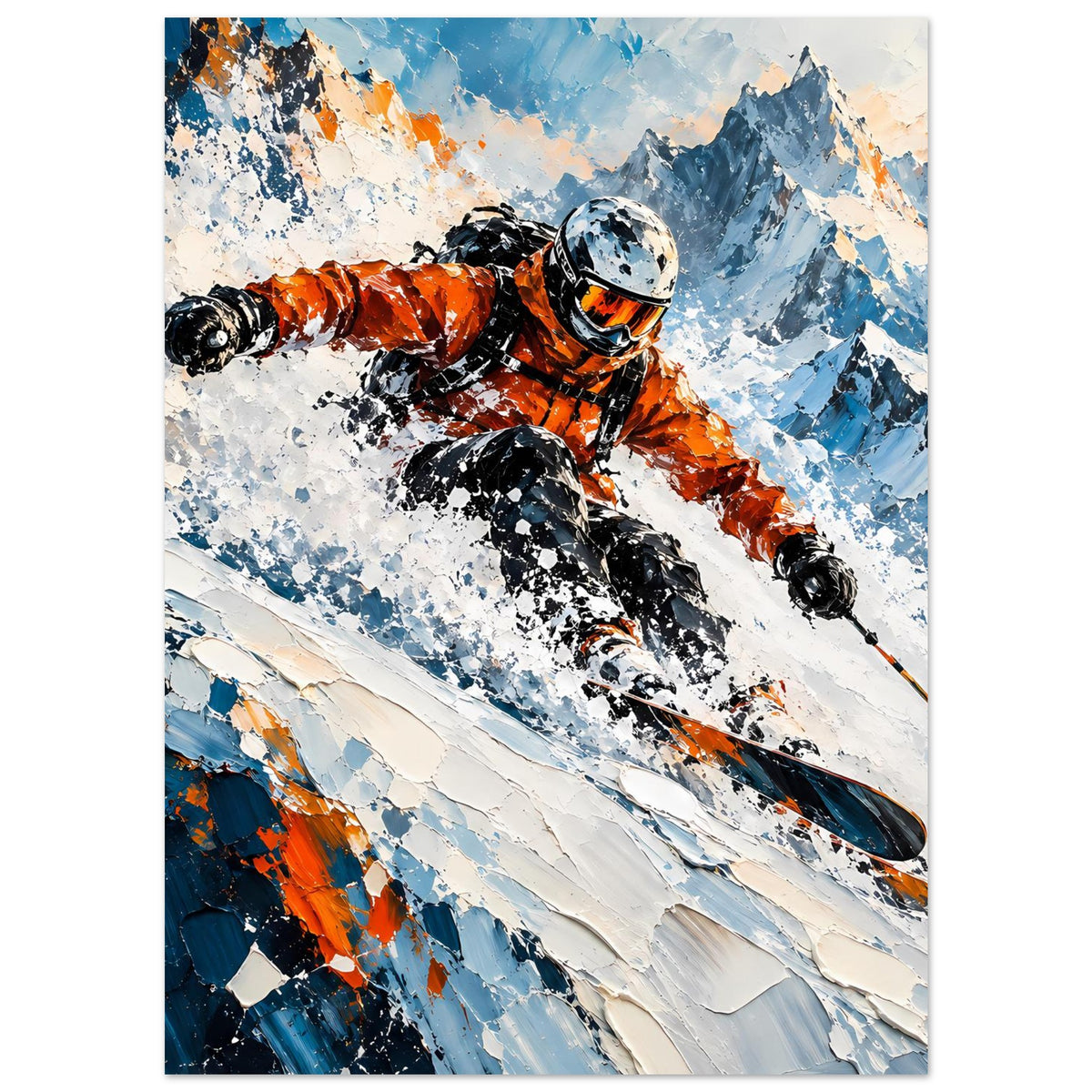 Wintersport-Poster im Hochformat: orange Skijacke, schwarze Skier, blaue und weiße Berge