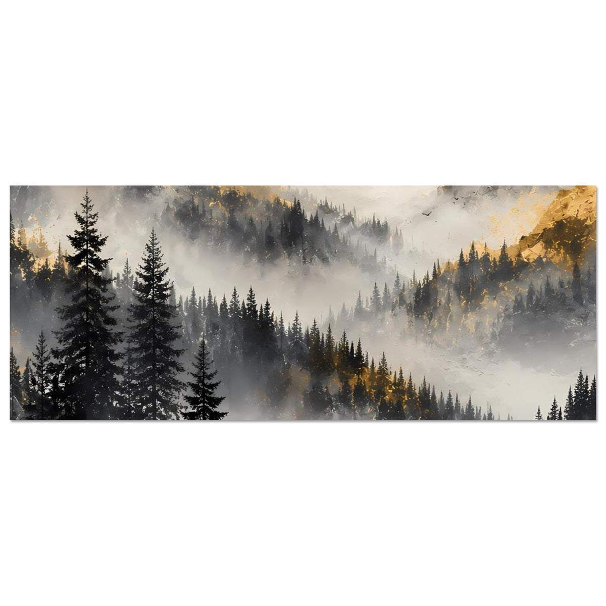 Horizontales Poster: neblige Berge mit Tannenwald und goldenem Licht