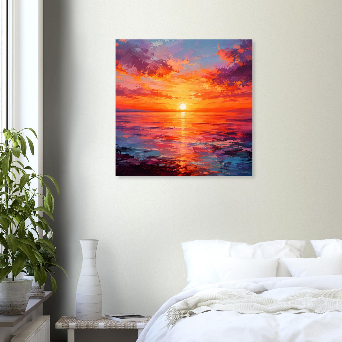 Gerahmtes quadratisches Poster: Sonnenuntergang über dem Meer, orangefarbenes Licht, violette Wolken.