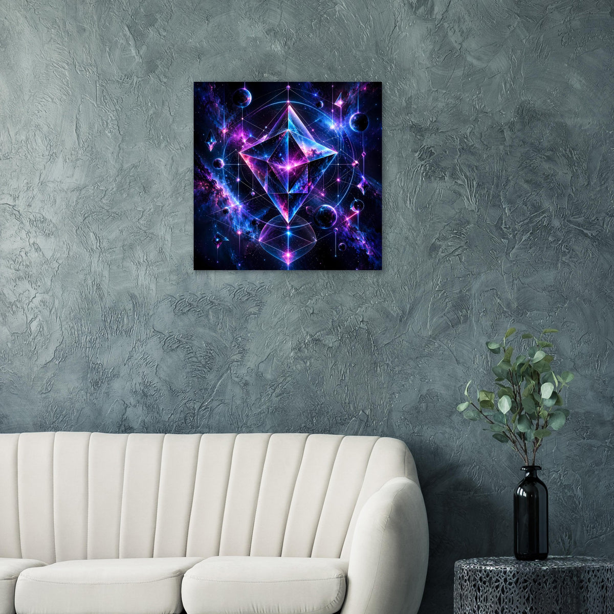 Quadratisches Wandposter mit geometrischem Stern in Neonoptik, Blau- und Lila-Töne im Rahmen