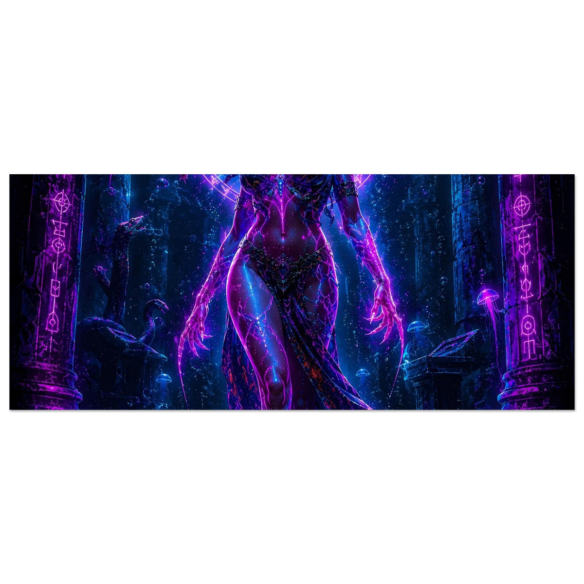 Poster mit Neon-Medusa (horizontaler Ausschnitt), blau-violette Figur ab Hüfte