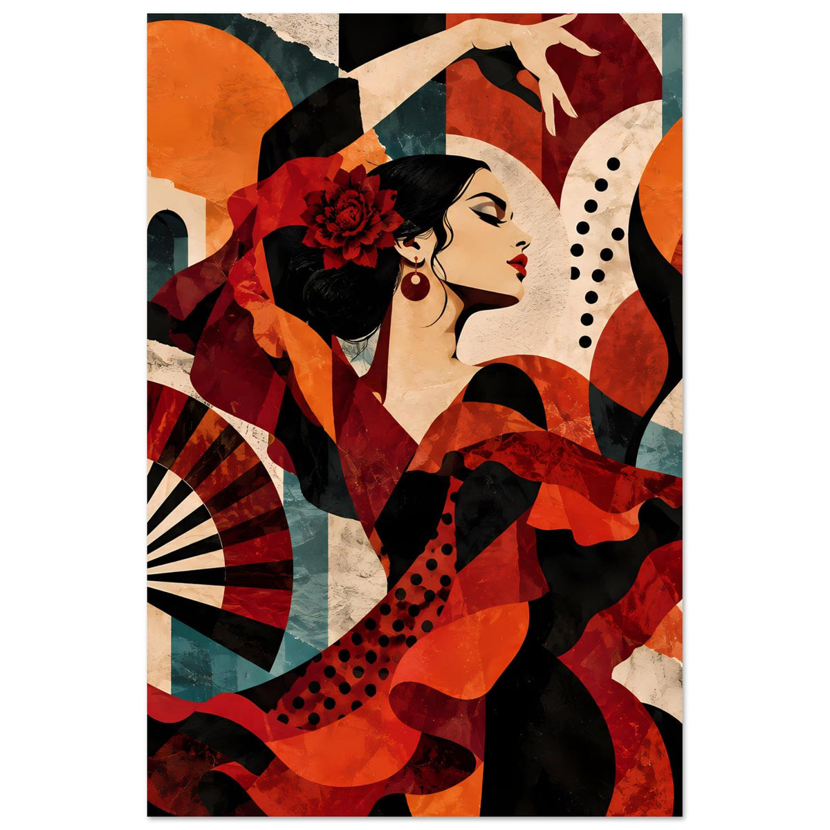 Flamenco-Tanzposter mit Porträt der Tänzerin im Profil, rot-schwarzem Outfit und Hutblüte