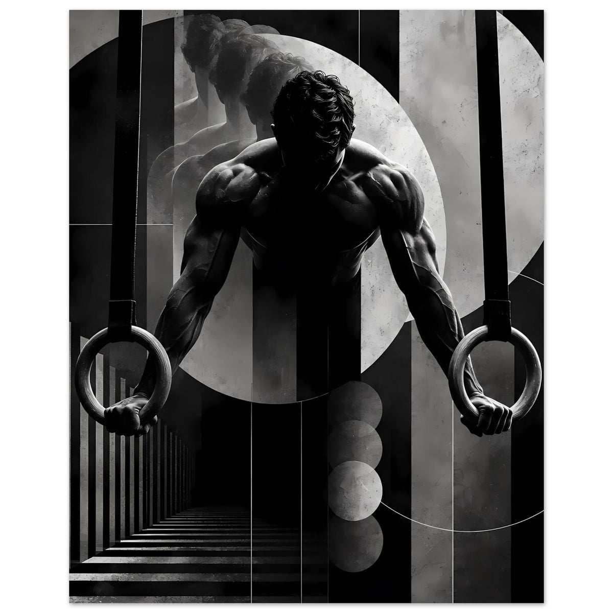 Schwarzweißes Gymnastik-Poster mit muskulösem Athleten, Turnringe links und rechts