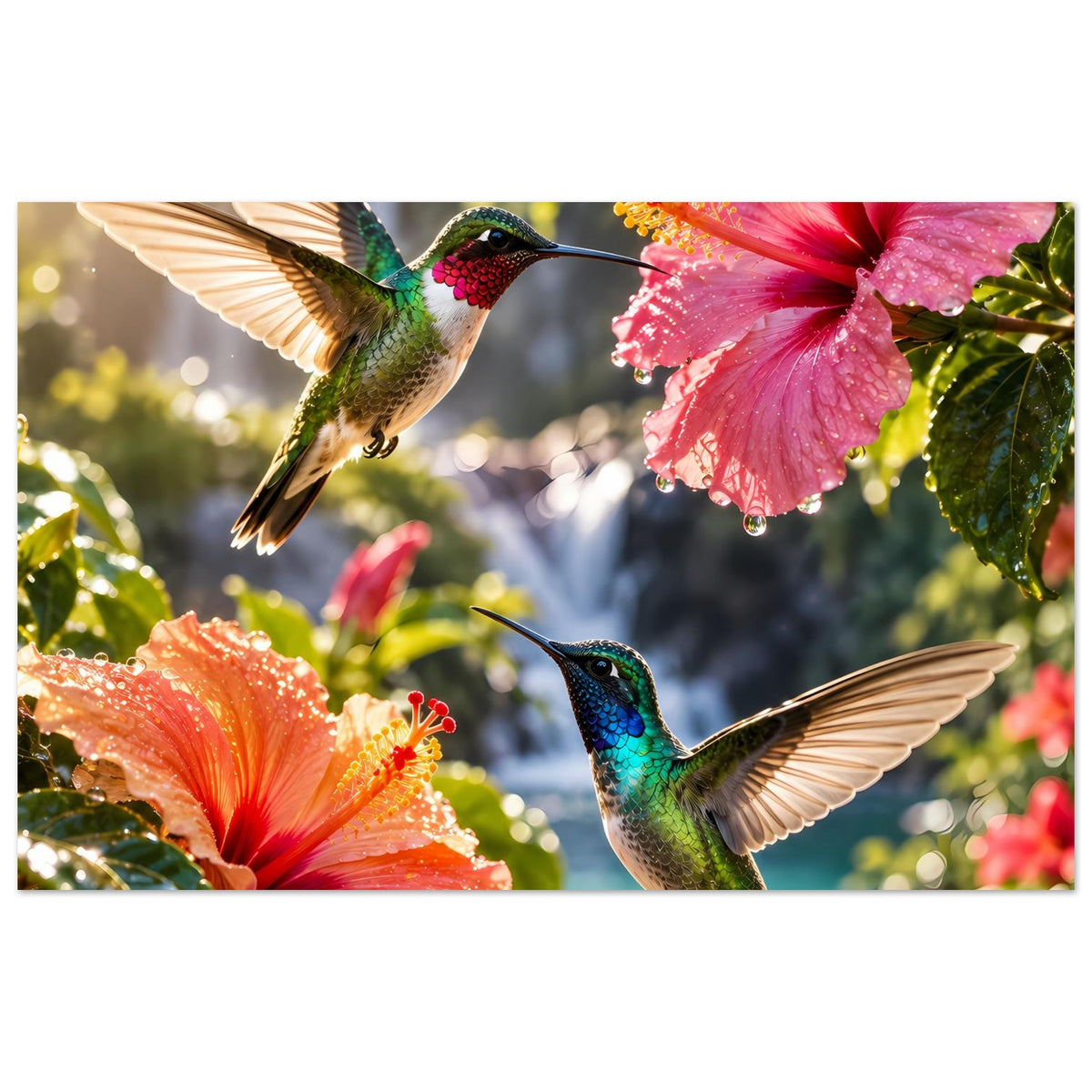 Poster mit zwei Kolibris und bunten Hibiskusblüten, horizontal ausgerichtet
