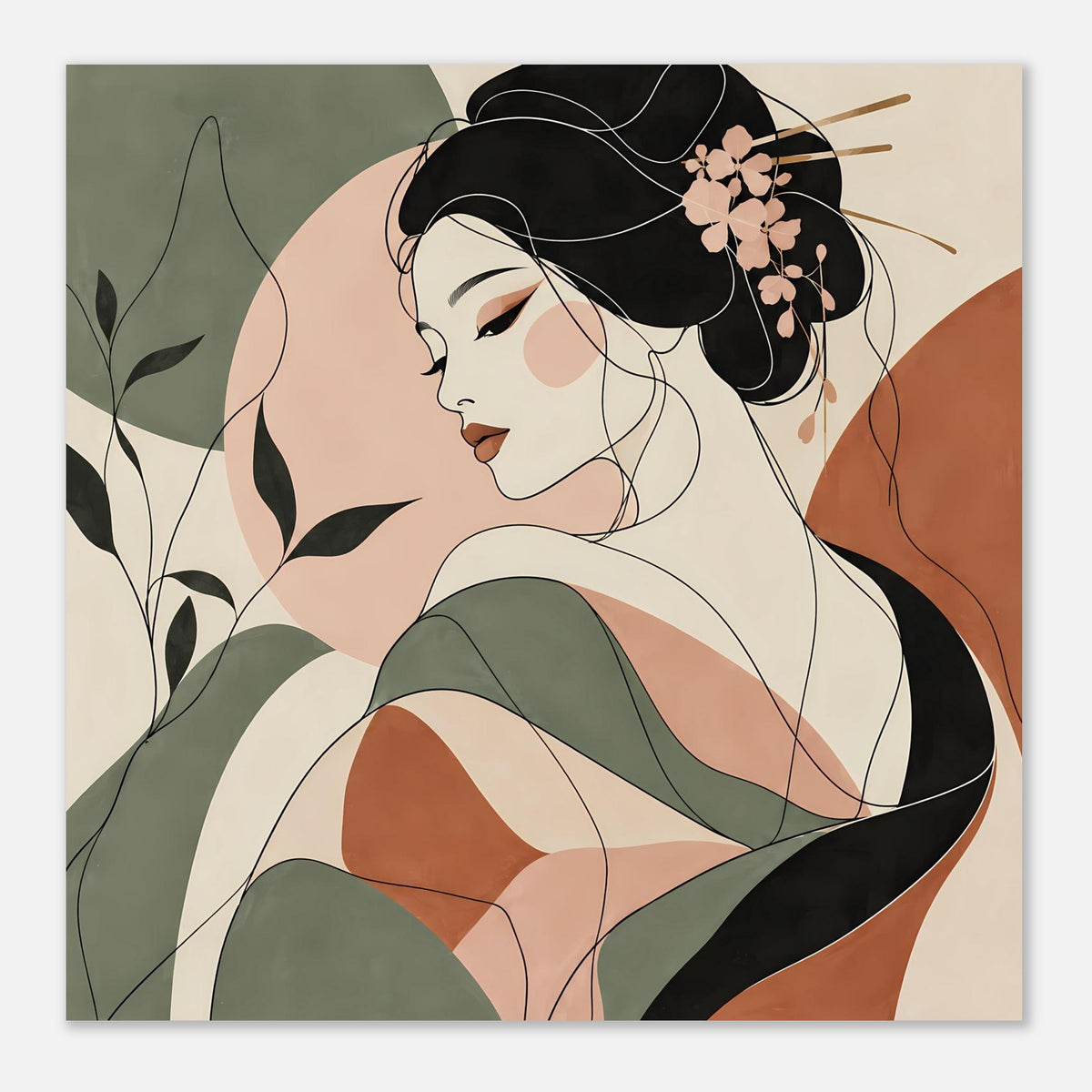 Gerahmtes Zen-Poster, Geisha im Profil, grüne und orange Farbflächen, rosa Blüten im Haar