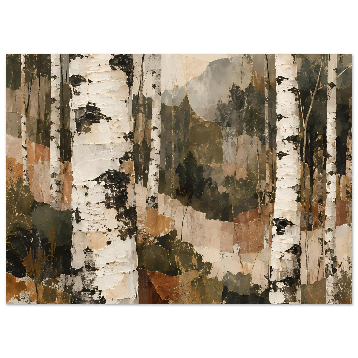 Wandposter horizontal mit Birkenwald-Abstraktion, breite Farbfelder in Grün und Braun