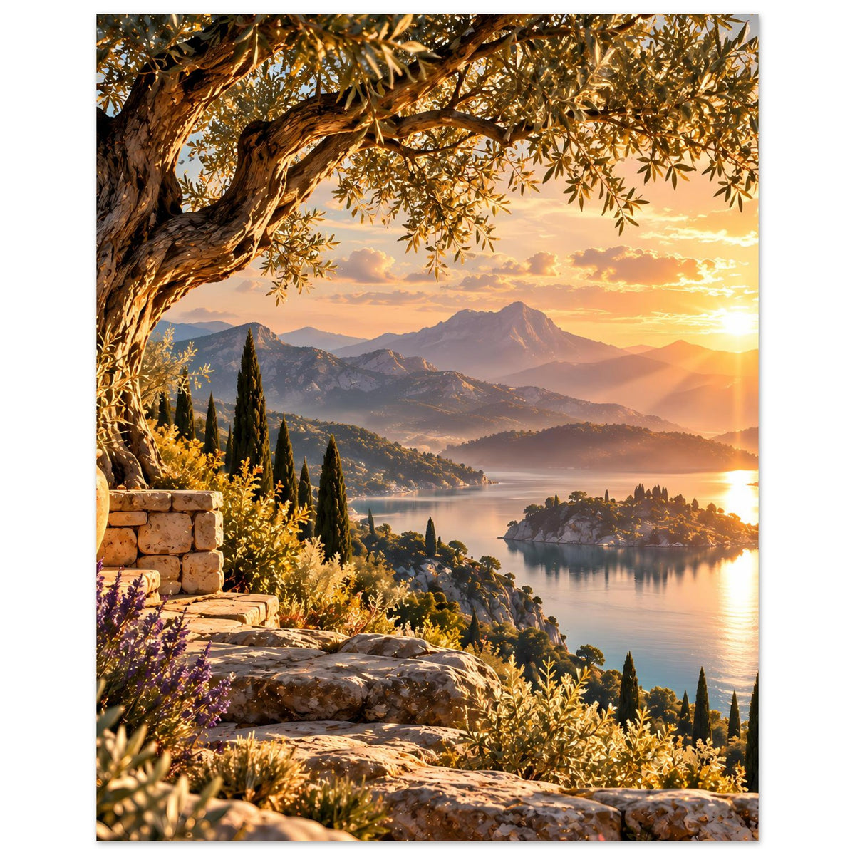 Poster im Hochformat: Sonnenuntergang am See mit Bergkulisse, Baumkrone und Zypressen