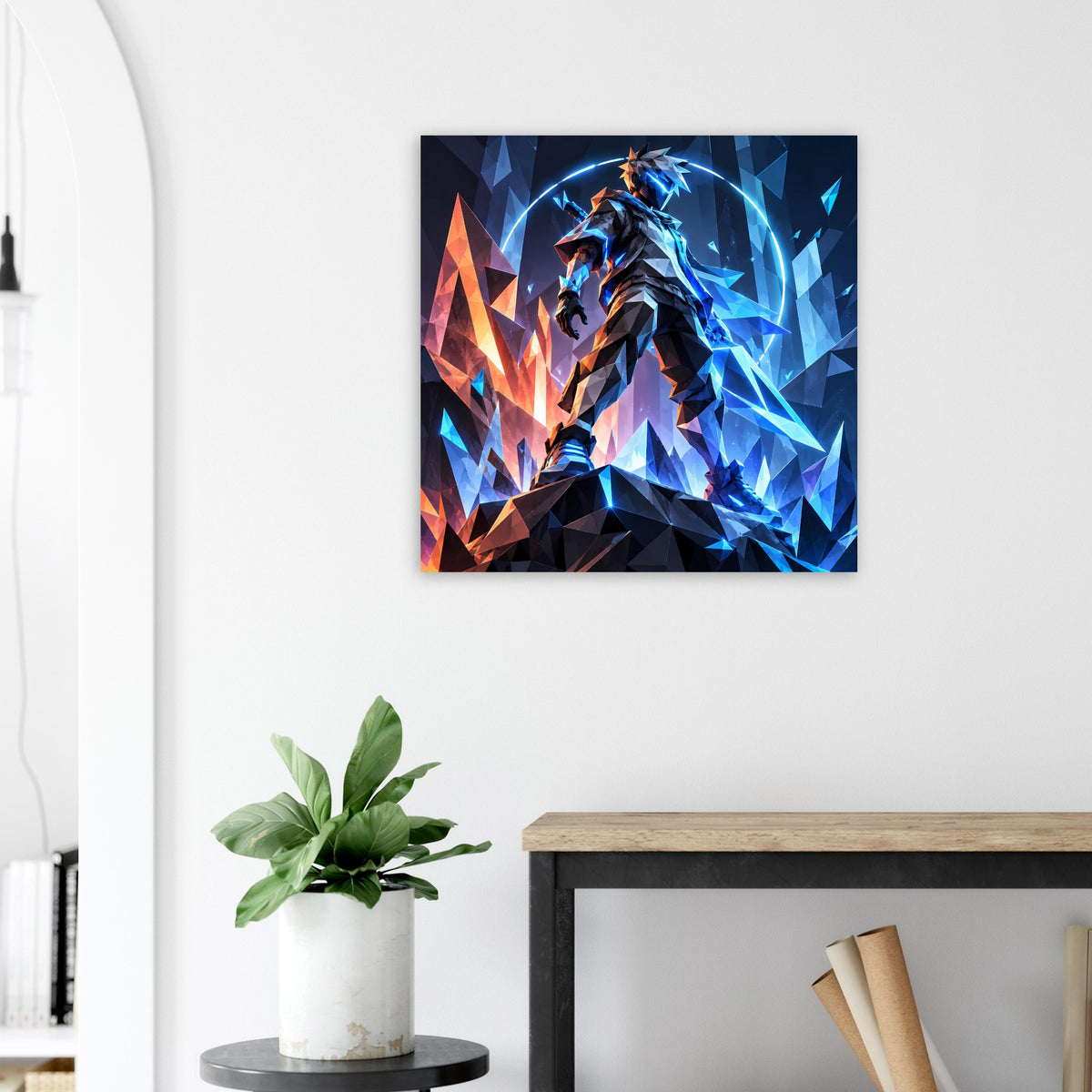 Quadratisches Wandposter: futuristischer Krieger in kräftigem Neon-Blau mit orangefarbenen Kanten