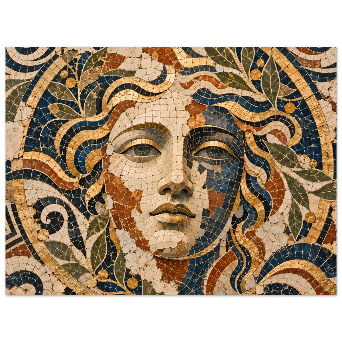 Poster im Querformat mit Mosaik-Göttinnenportrait, Gesicht mittig, blaue Mosaiksteine