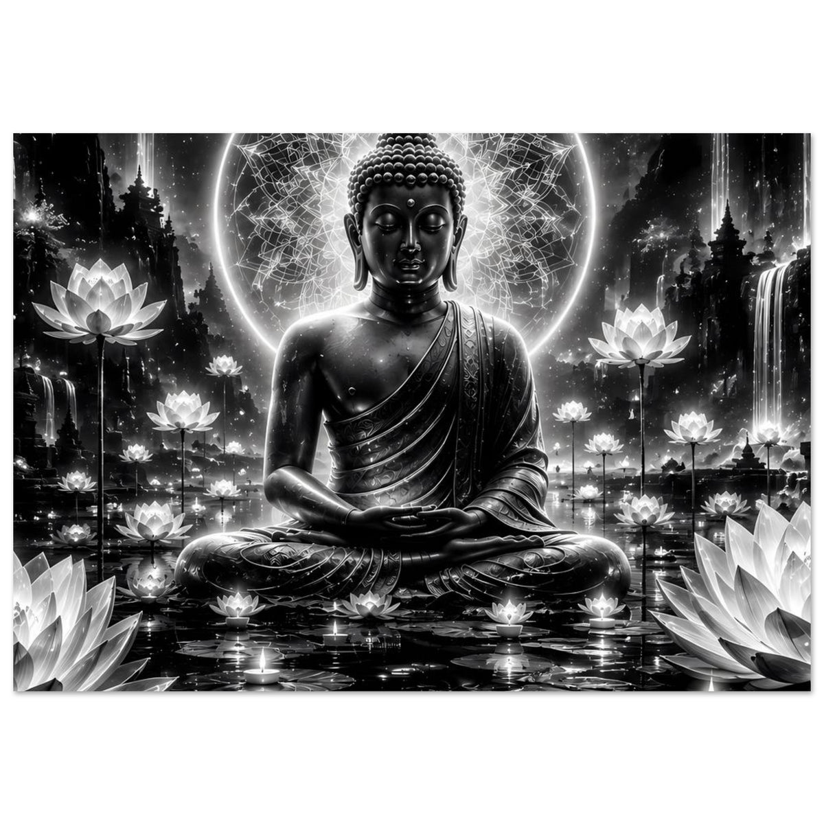 Buddha-Serenity-Poster mit meditierendem Buddha, Lotosfläche und Lichtkreis über Kerzenreflexen