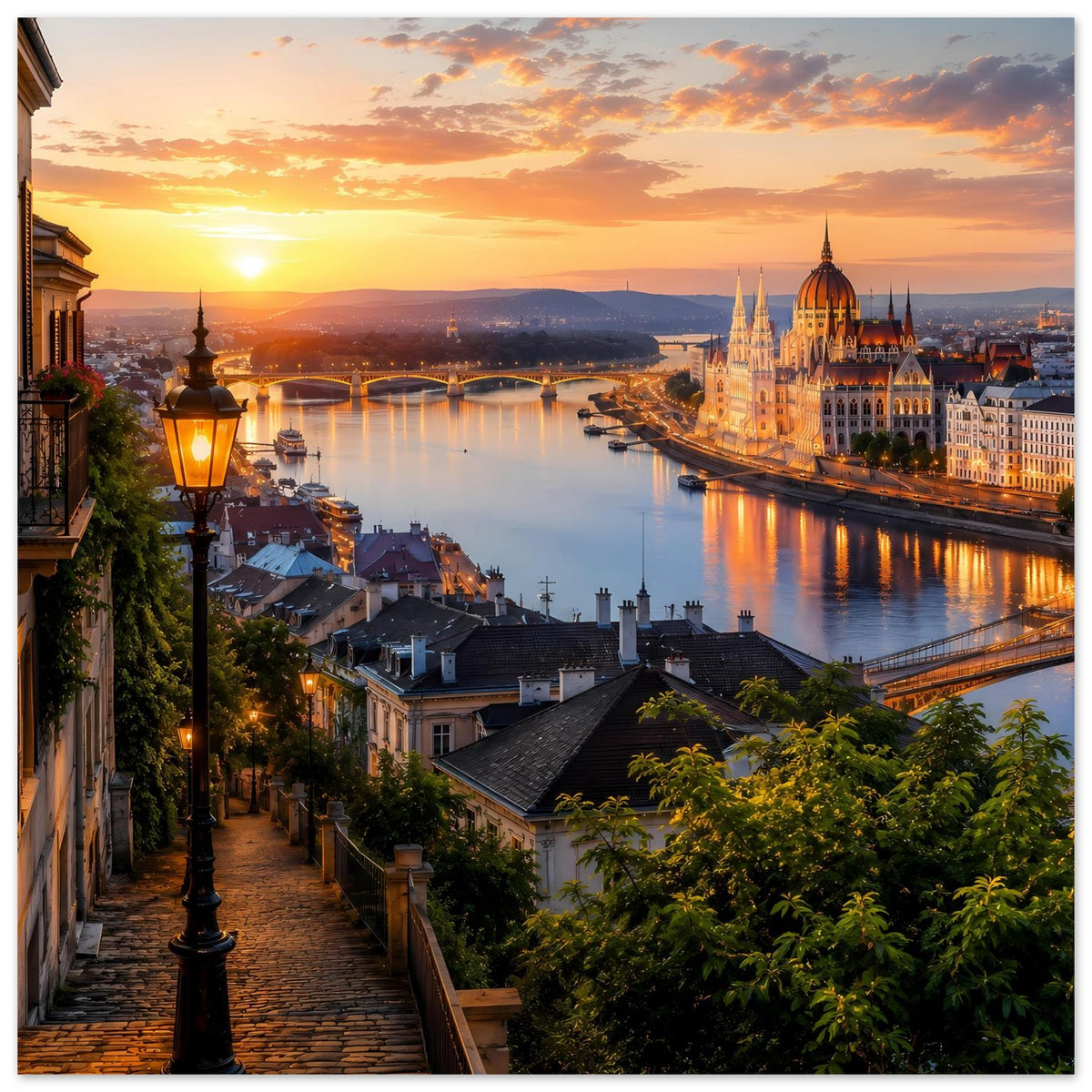 Stadtlandschaftsposter mit Sonnenuntergang über Fluss, Domfassade und warmen Lichtern