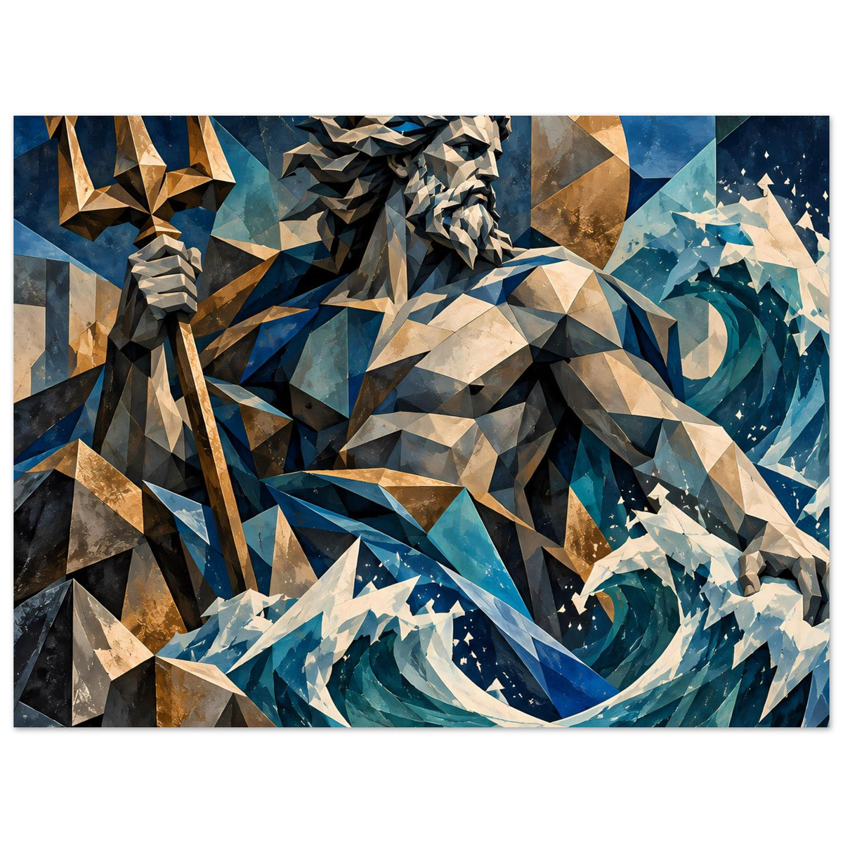 Geometrisches Poseidon-Poster, große Wellenkrone, Trident und goldene Highlights am Rand