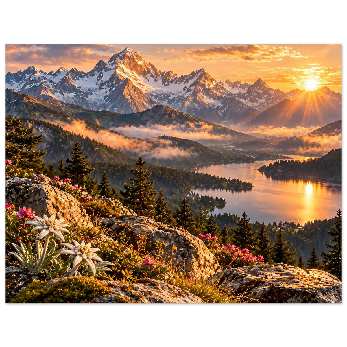 Landschaftsposter mit warmem Sonnenuntergang, Alpenbergen, See und Blumen am felsigen Hang