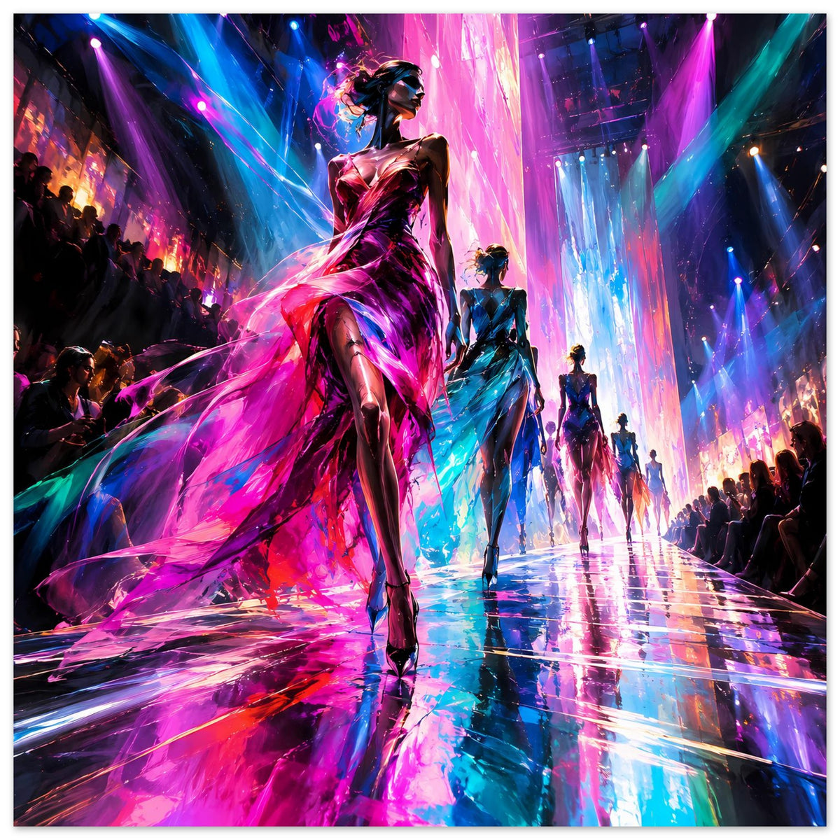 Runway-Poster mit Models und Lichtstrahlen, leuchtende Magenta- und Türkistöne