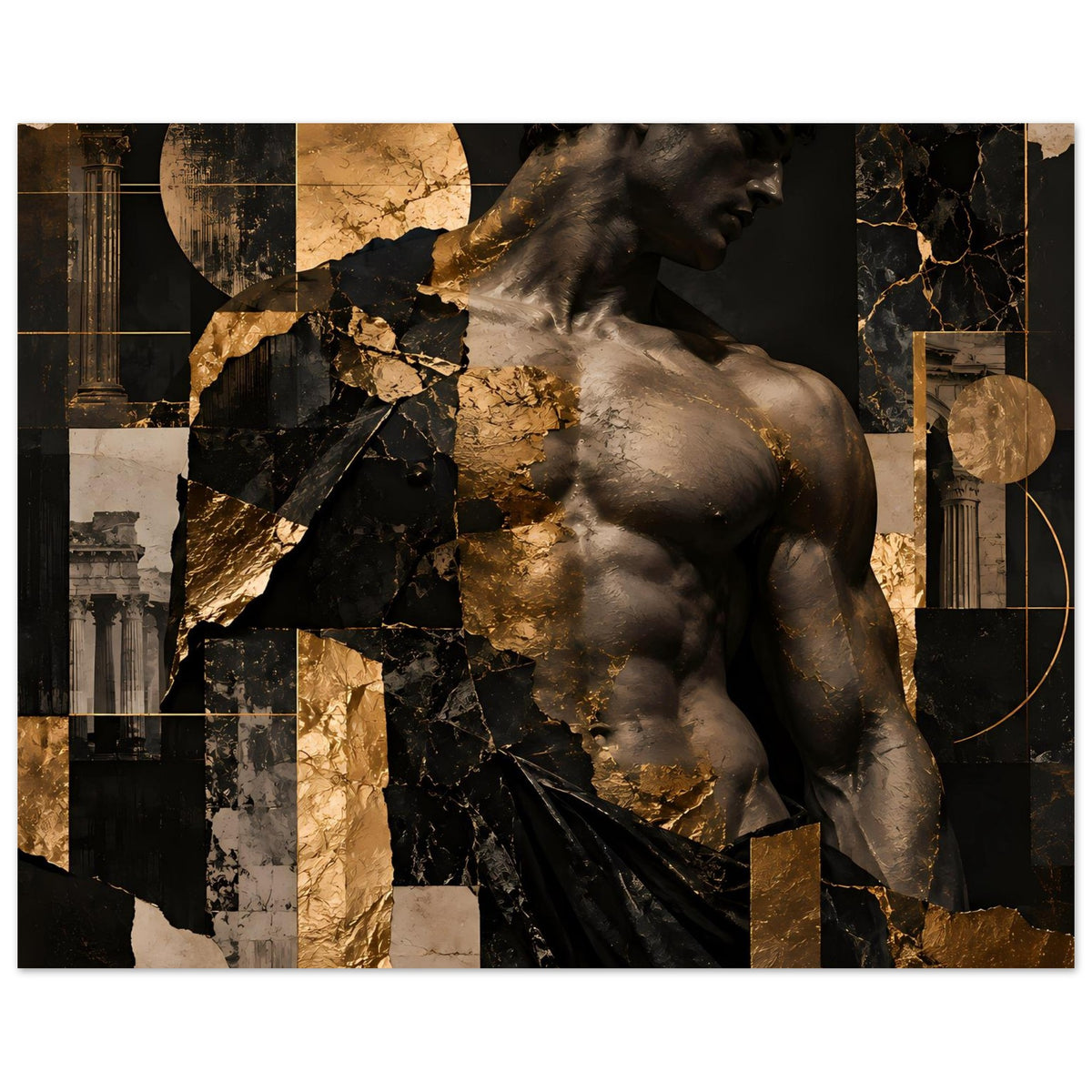 Kunstposter mit männlicher Statue und Mosaik-Optik in Schwarz-Gold, seitlicher Blick