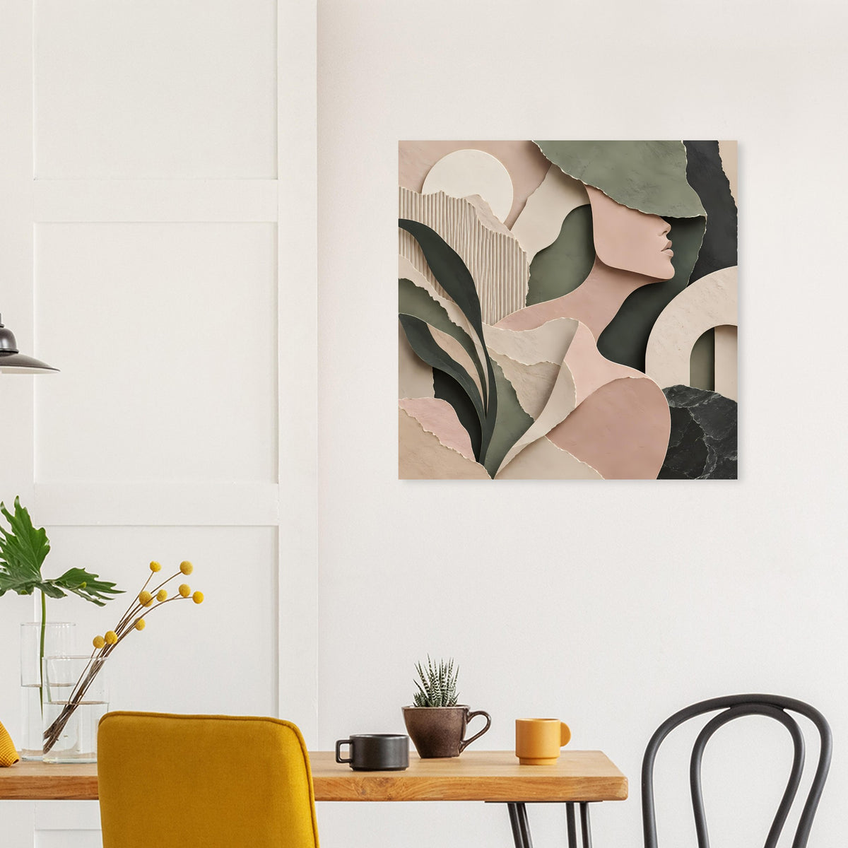 Abstraktes Poster mit Frauenprofil und Wellenmustern in Beige-, Grün- und Schwarztönen