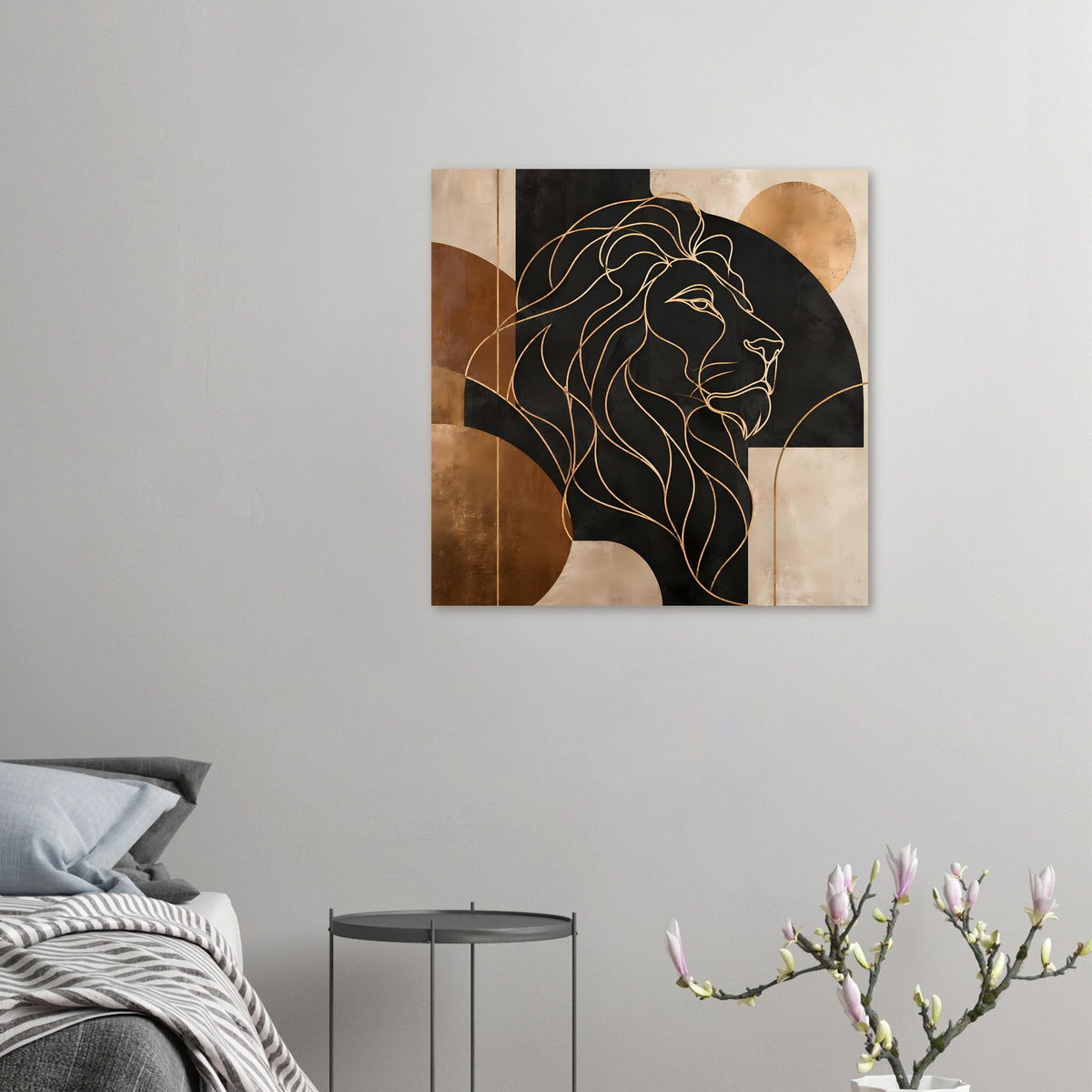 Löwen-Poster klein im Bild: Löwenkopf in Gold-/Bronze-Linien auf dunklem Grund