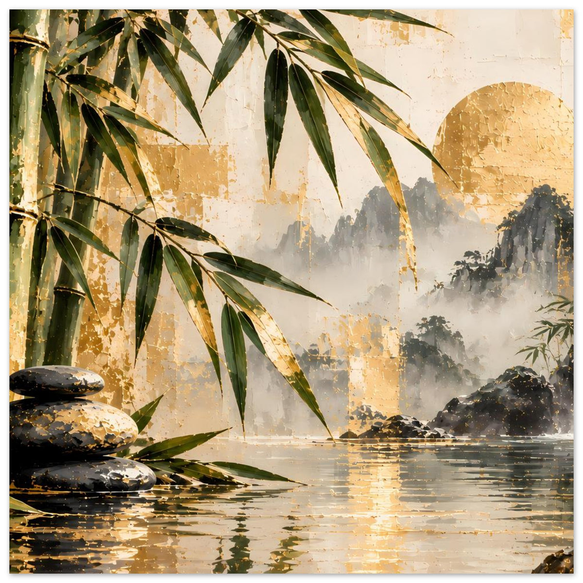 Wandposter: Bambuszweige über Wasserfall, reflektierender Fluss und dunkle Steine