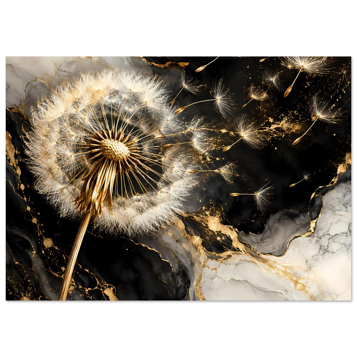 Poster im Querformat: goldene Pusteblumen-Samen auf schwarzem und hellem Marmordesign