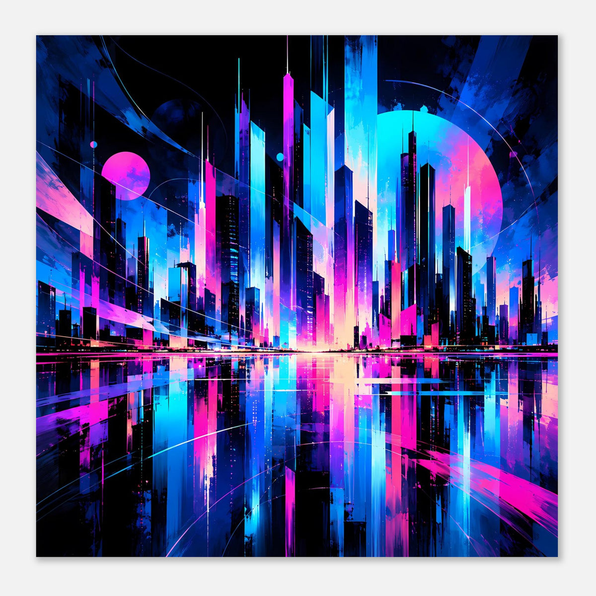 Neon-Stadtlandschafts-Poster, Querformat, leuchtende blaue und pinke Stadtansicht mit Spiegelbild