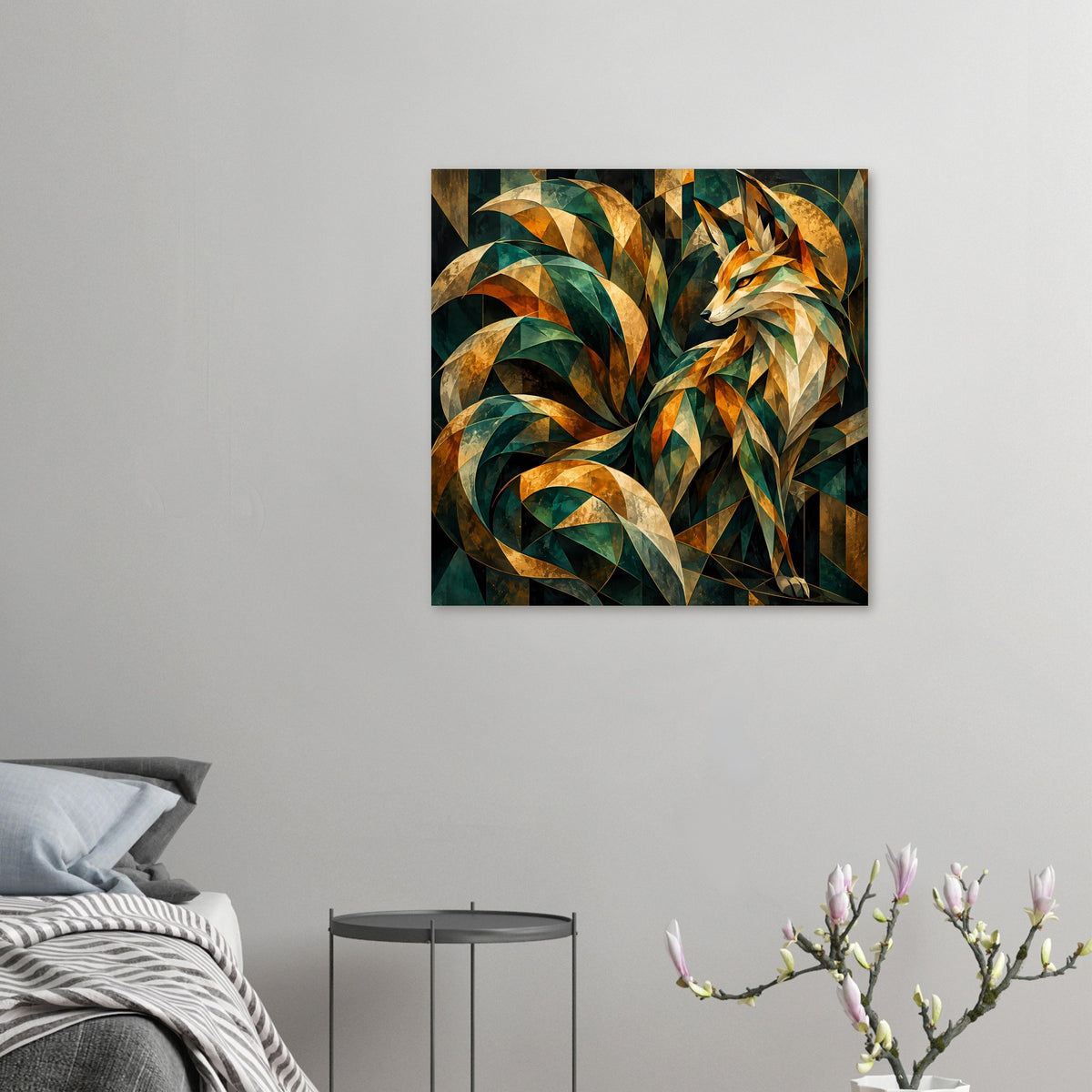 Kleines Kunstposter: Fuchs aus prismatischen Facetten in Smaragdgrün und Gold
