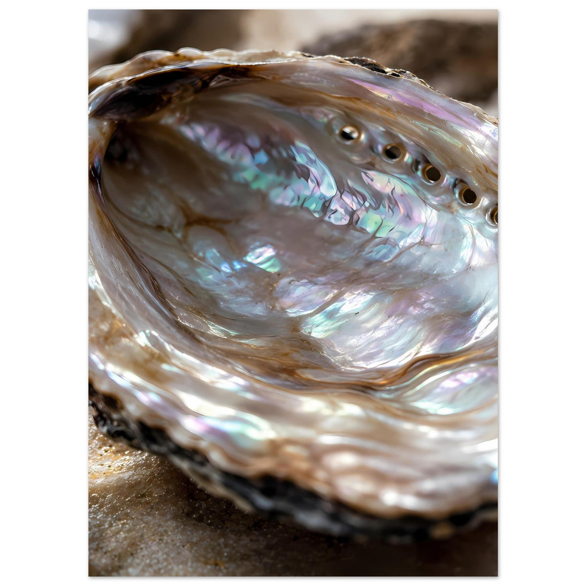 Abalone-Muschel mit Perlmuttglanz, schillernde Schale und Öffnungen