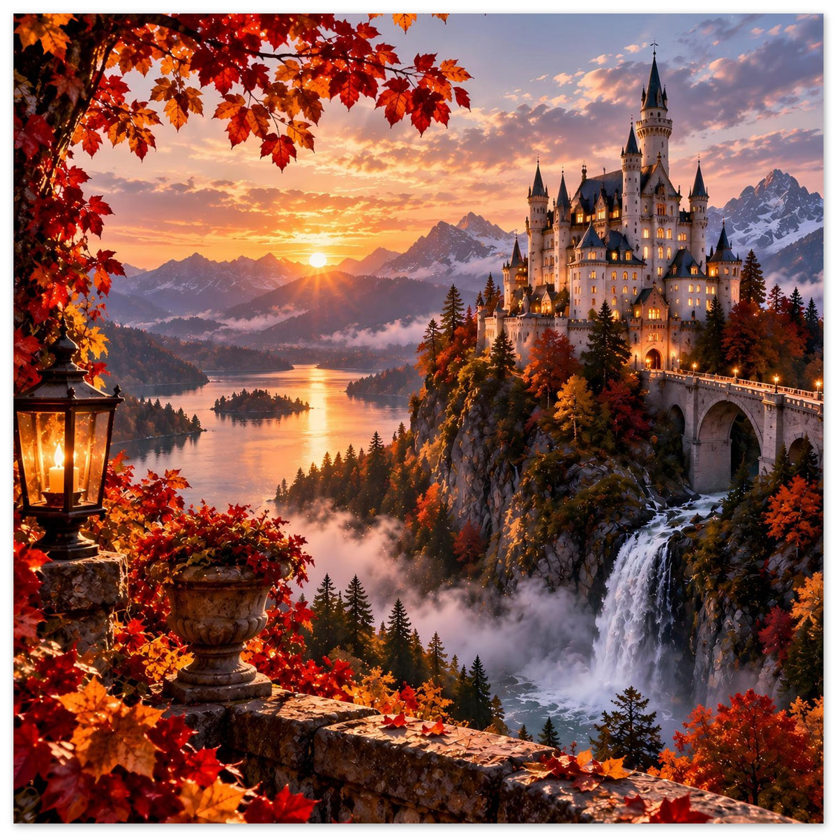 Herbst-Poster im Hochformat mit Schloss, warmem Sonnenaufgang, Terrasse mit Laterne und Wasserfall.